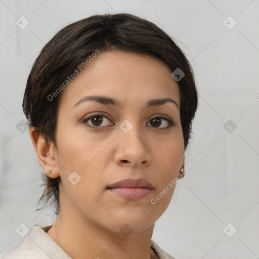 Neutral latino young-adult female with medium  brown hair and brown eyes