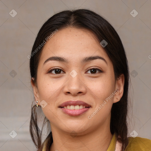 Joyful white young-adult female with medium  brown hair and brown eyes