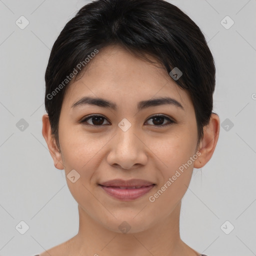 Joyful asian young-adult female with short  brown hair and brown eyes