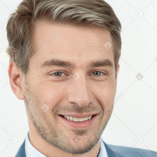 Joyful white adult male with short  brown hair and grey eyes