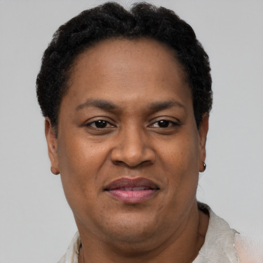 Joyful black adult female with short  brown hair and brown eyes