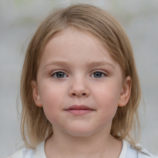 Neutral white child female with medium  brown hair and blue eyes