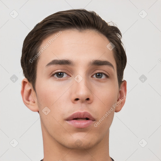 Neutral white young-adult male with short  brown hair and brown eyes