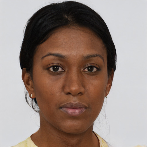 Neutral asian young-adult female with short  black hair and brown eyes
