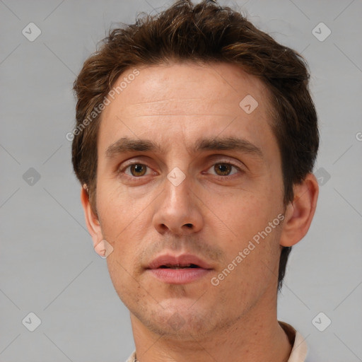 Neutral white adult male with short  brown hair and brown eyes