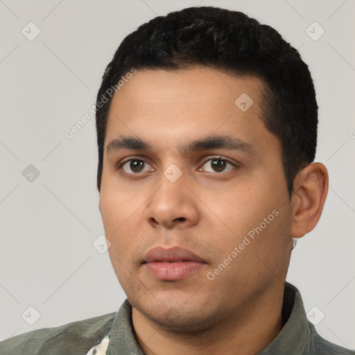 Neutral latino young-adult male with short  black hair and brown eyes