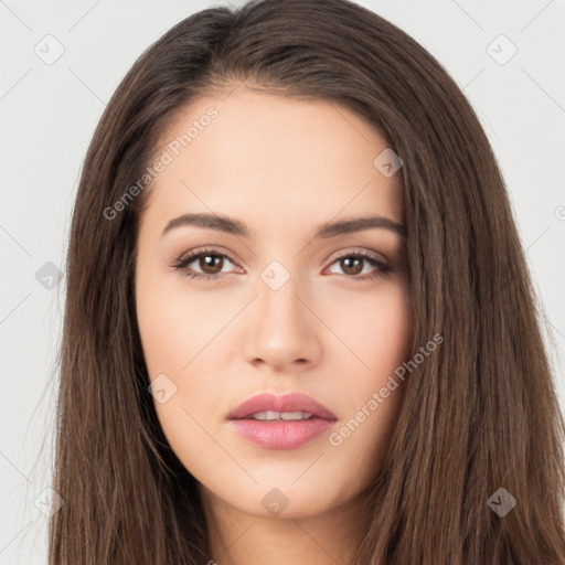 Neutral white young-adult female with long  brown hair and brown eyes