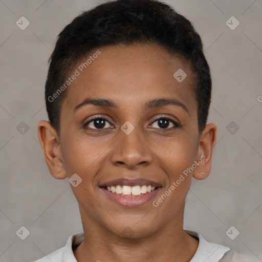 Joyful black young-adult female with short  brown hair and brown eyes