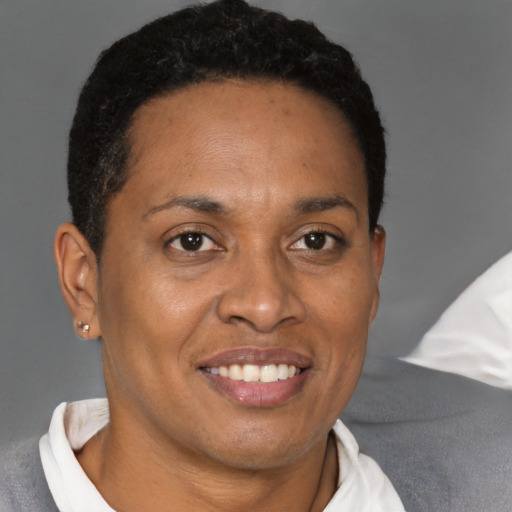 Joyful black adult female with short  brown hair and brown eyes