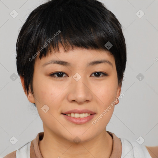 Joyful asian young-adult female with short  brown hair and brown eyes