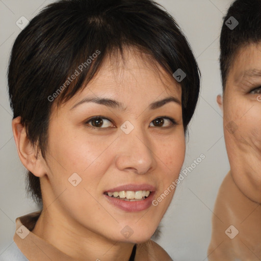 Joyful white young-adult female with medium  brown hair and brown eyes