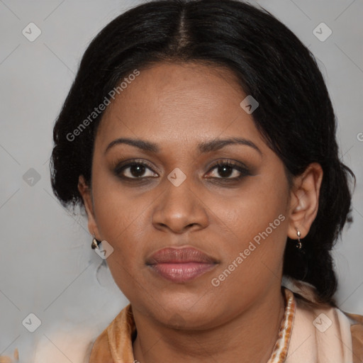 Joyful black young-adult female with medium  brown hair and brown eyes