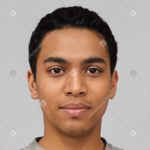 Neutral latino young-adult male with short  black hair and brown eyes