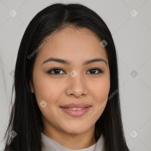 Joyful latino young-adult female with long  brown hair and brown eyes