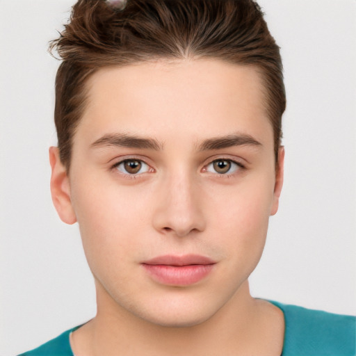 Neutral white young-adult male with short  brown hair and brown eyes