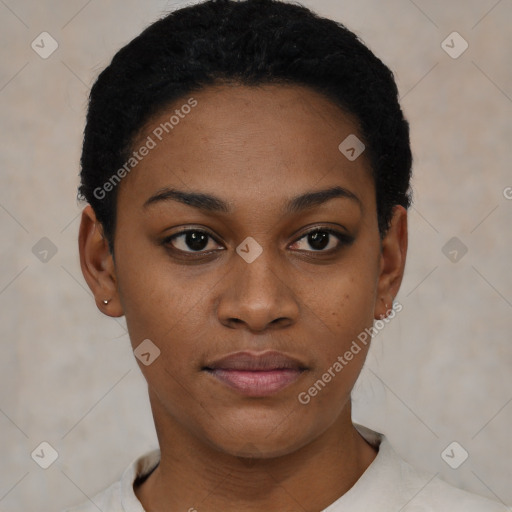 Joyful black young-adult female with short  black hair and brown eyes