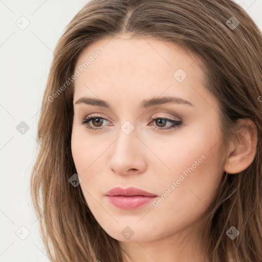 Neutral white young-adult female with long  brown hair and brown eyes