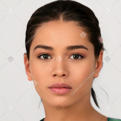 Neutral white young-adult female with medium  brown hair and brown eyes