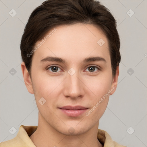 Joyful white young-adult female with short  brown hair and brown eyes