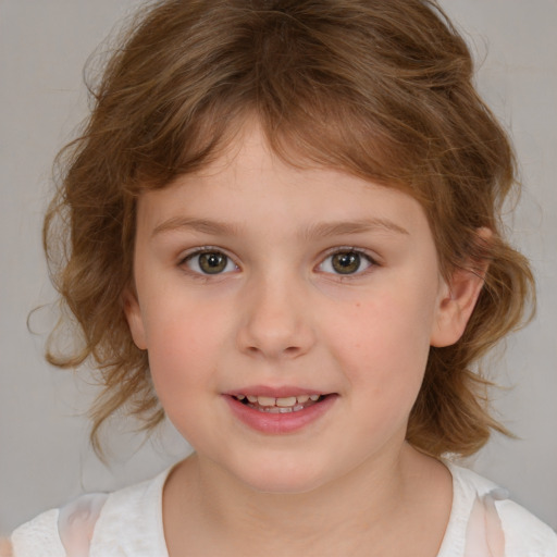 Joyful white child female with medium  brown hair and blue eyes