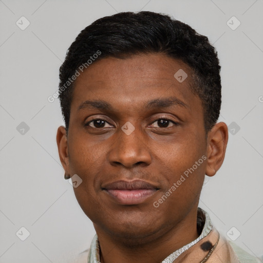 Neutral latino young-adult male with short  black hair and brown eyes