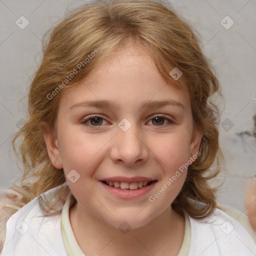 Joyful white child female with medium  brown hair and brown eyes