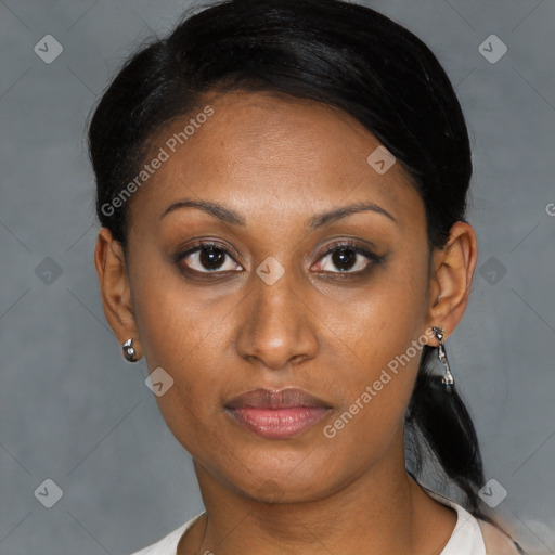 Neutral black young-adult female with short  brown hair and brown eyes