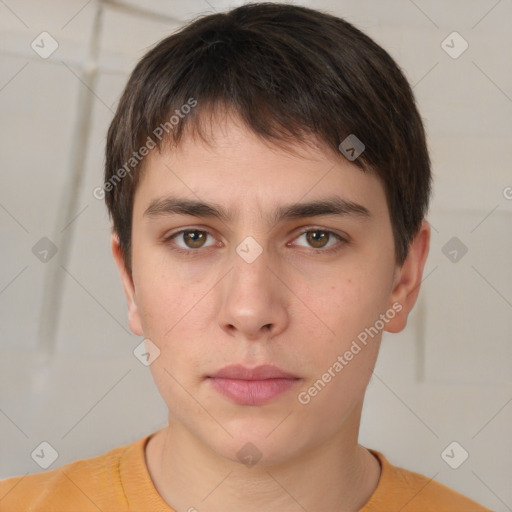 Neutral white young-adult male with short  brown hair and brown eyes