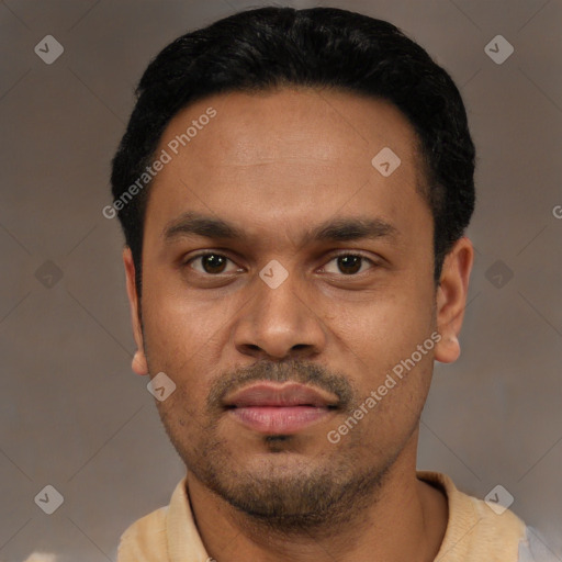 Neutral latino young-adult male with short  black hair and brown eyes