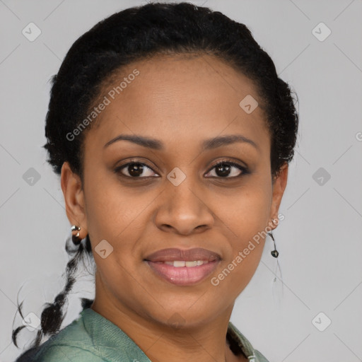 Joyful latino young-adult female with short  brown hair and brown eyes