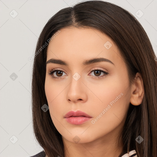 Neutral white young-adult female with long  brown hair and brown eyes