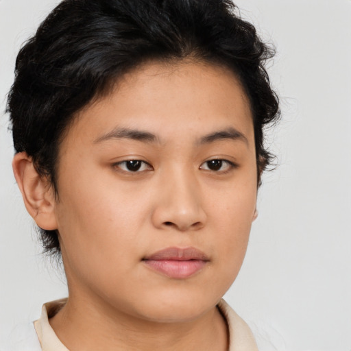 Neutral asian young-adult female with short  brown hair and brown eyes