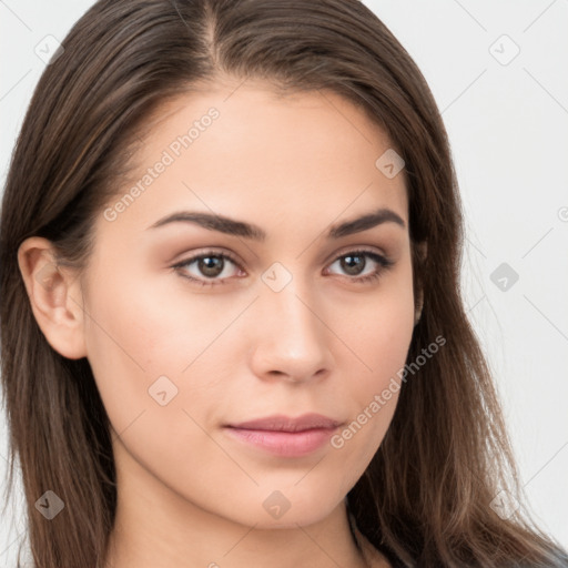 Neutral white young-adult female with long  brown hair and brown eyes