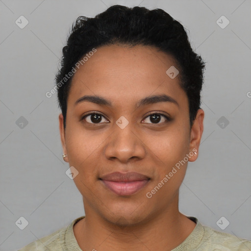 Joyful latino young-adult female with short  black hair and brown eyes