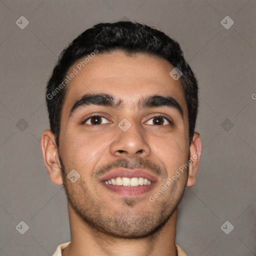 Joyful latino young-adult male with short  brown hair and brown eyes