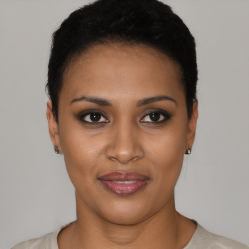 Joyful black young-adult female with short  black hair and brown eyes