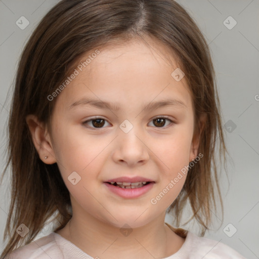 Joyful white child female with medium  brown hair and brown eyes