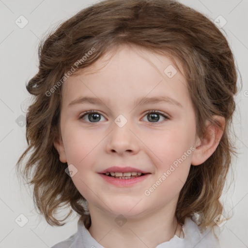 Joyful white child female with medium  brown hair and brown eyes