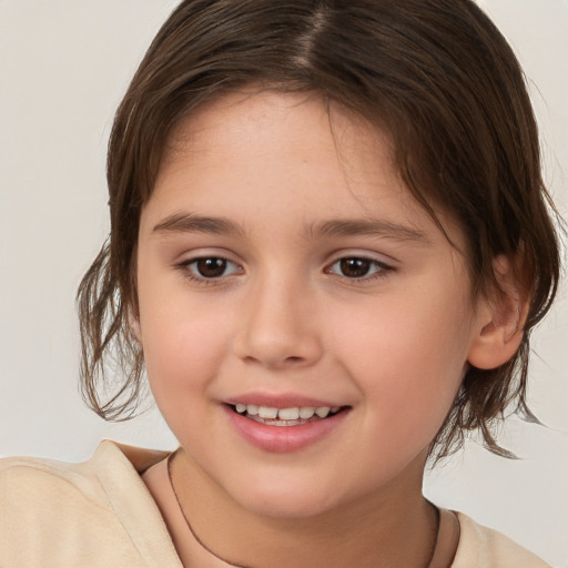 Joyful white child female with medium  brown hair and brown eyes