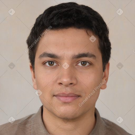 Neutral white young-adult male with short  black hair and brown eyes