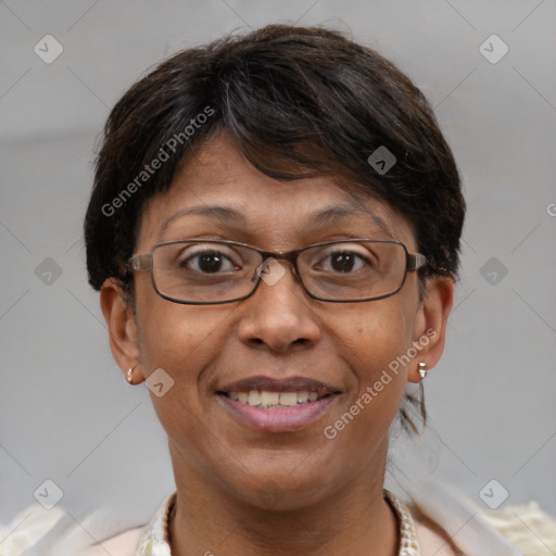 Joyful white adult female with short  brown hair and brown eyes