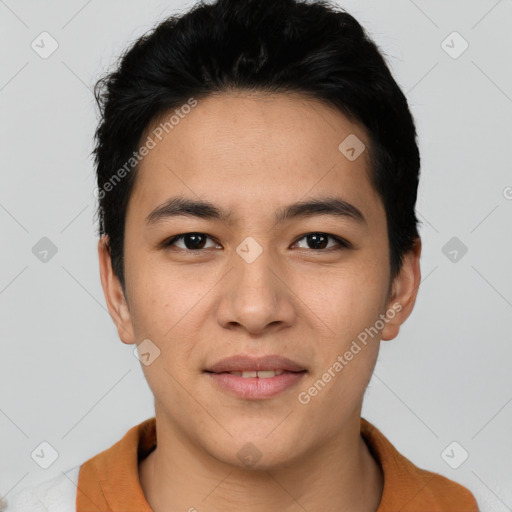 Joyful asian young-adult male with short  black hair and brown eyes
