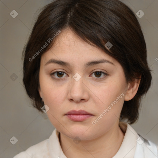 Neutral white young-adult female with medium  brown hair and brown eyes