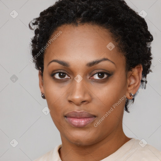 Neutral black young-adult female with short  black hair and brown eyes