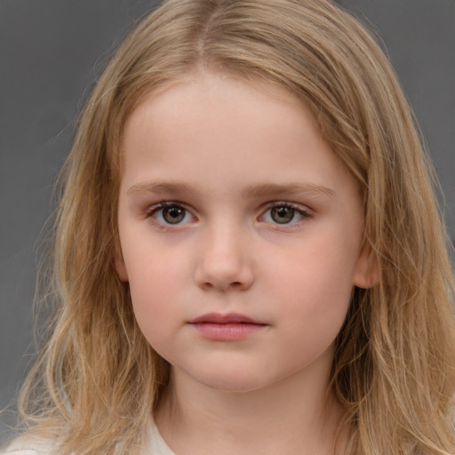 Neutral white child female with medium  brown hair and grey eyes