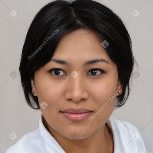 Joyful asian young-adult female with medium  black hair and brown eyes