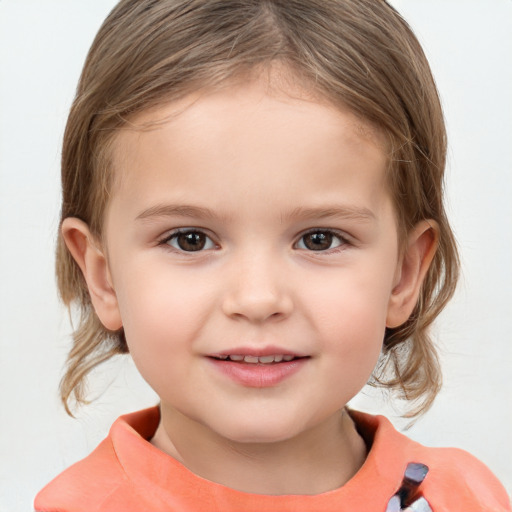 Joyful white child female with medium  brown hair and brown eyes