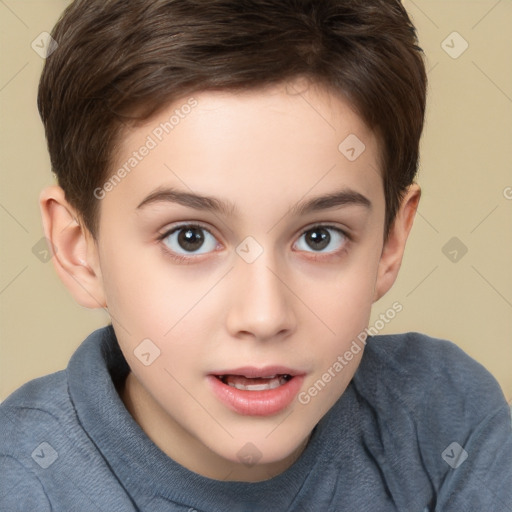 Joyful white child female with short  brown hair and brown eyes