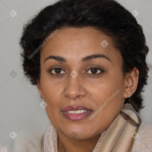 Joyful latino young-adult female with short  brown hair and brown eyes