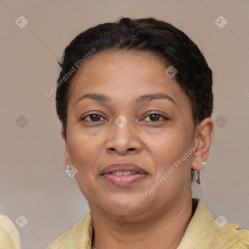 Joyful white adult female with short  brown hair and brown eyes